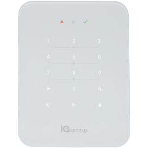 Ein weißes numerisches Tastenfeld mit den Zahlen 0 bis 9, Symbolen für Notdienst und Haus, sowie LEDs für Statusanzeigen, unter der Marke "IQ Keypad".