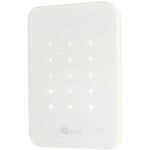 Weiße elektronische Tastatur mit beleuchteten Tasten, darunter die Zahlen 0 bis 9 und verschiedene Symbole, auf der "IQ Keypad" steht.