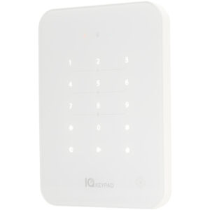 Weiße elektronische Tastatur mit beleuchteten Tasten, darunter die Zahlen 0 bis 9 und verschiedene Symbole, auf der "IQ Keypad" steht.