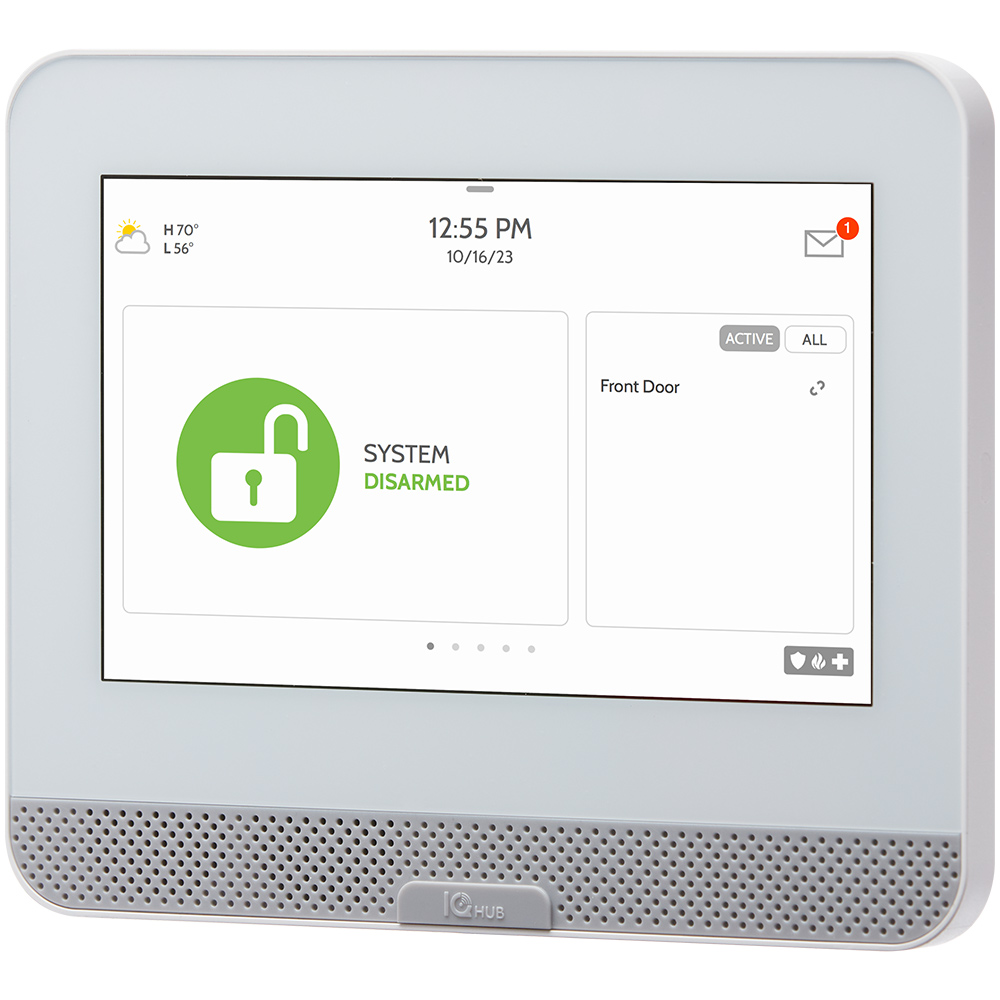 Ein Bildschirm eines Sicherheitssystems mit der Anzeige „System deaktiviert“ und einer Uhrzeit von 12:55 PM am 16.10.23. Es gibt Symbole für die Wetteranzeige und eine Nachricht.