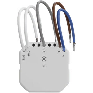 Ein weißer, rechteckiger elektrischer Schalter mit mehreren verbundenen Kabeln in verschiedenen Farben (weiß, grau, braun und blau), die an Anschlüssen mit den Bezeichnungen SW1, SW2, OUT, L, und N befestigt sind.