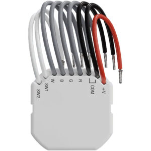 Ein elektrisches Modul mit mehreren farbigen Kabeln, die mit den Buchstaben W, B, G, R gekennzeichnet sind, daneben die Bezeichnungen SW1, SW2, COM und +V.
