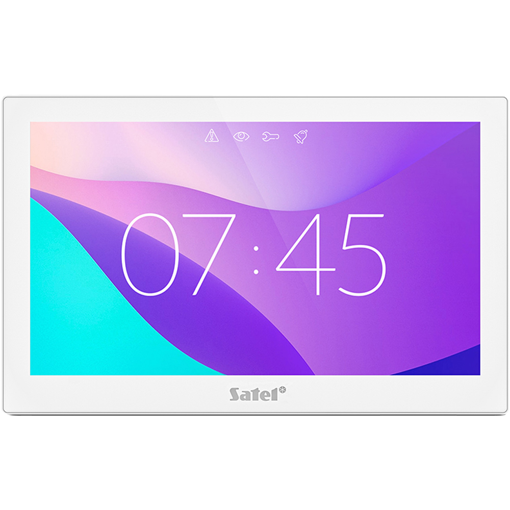 Weißes Satel-Tablet mit einer violetten und türkisfarbenen Benutzeroberfläche, die die Zeit 07:45 anzeigt.