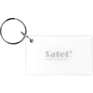 Weißer rechteckiger Schlüsselanhänger mit dem Logo und Schriftzug "Satel® MADE TO PROTECT" in der Mitte.