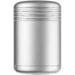 Silberne, rechteckige Zigaretten- oder Feuerzeugbox mit glatter Oberfläche und horizontalen Linien an der Oberseite.