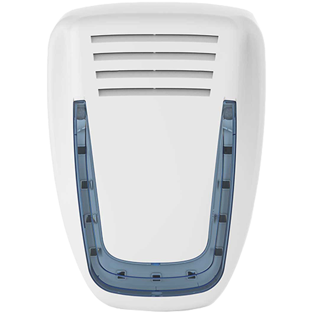 Ein weißer elektrischer Lufterfrischer mit Lüftungsschlitzen und einem blauen transparenten Abschnitt an der Vorderseite.