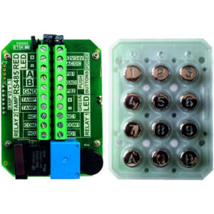 Ein grünes elektronisches Schaltbrett mit Anschlussklemmen auf der linken Seite und ein numerisches Tastenfeld von 1 bis 9 mit zusätzlichen A, B, C-Tasten auf der rechten Seite.