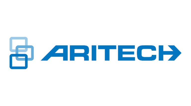 Das Logo von Aritech mit dem Schriftzug in blauer Schrift und drei verschachtelten blauen Quadraten auf der linken Seite.