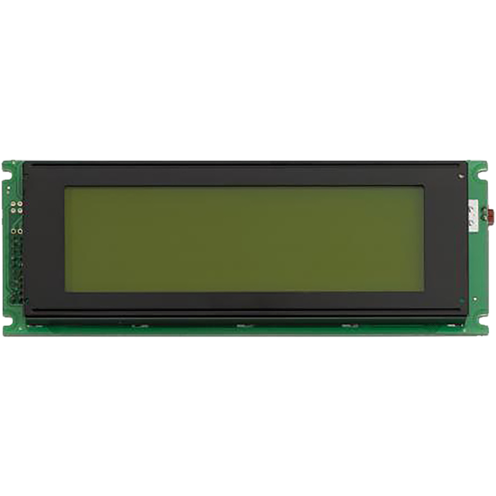 Ein rechteckiges LCD-Displaymodul mit einem grünen Bildschirm, umgeben von einem schwarzen Rahmen, montiert auf einer grünen Leiterplatte.