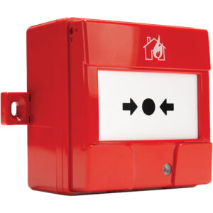 Roter Feuermelder mit Symbol eines Hauses und einer Flamme oben, sowie einem Druckknopf, der von zwei Pfeilen flankiert wird.