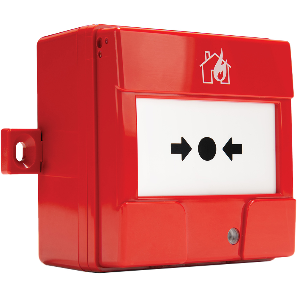 Roter Feuermelder mit Symbol eines Hauses und einer Flamme oben, sowie einem Druckknopf, der von zwei Pfeilen flankiert wird.