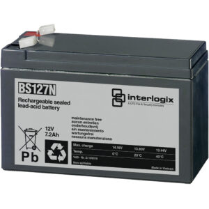 Eine wiederaufladbare, versiegelte Blei-Säure-Batterie des Modells BS127N von Interlogix, die 12V Spannung und 7,2Ah Kapazität bietet, mit Hinweis auf Wartungsfreiheit und Herstellung in Vietnam.