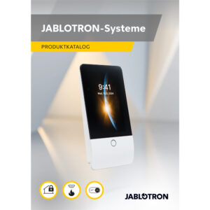 Ein Jablotron-Produktkatalog mit einem modernen, weißen Tischgerät, das wie ein digitales Display mit einem Bild eines Planeten leuchtet, und einem Datum, dem 13. März 2024, auf dem Bildschirm zu sehen ist. Oben rechts steht 'JABLOTRON-Systeme' und darunter 'PRODUKTKATALOG'. Unten sind mehrere runde Symbole und das Jablotron-Logo zu sehen.