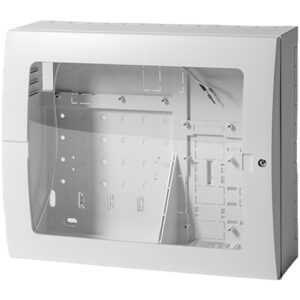 Weiße Kunststoffwandbox mit transparentem Kunststoffdeckel, geeignet zur Aufnahme von Elektronikkomponenten.