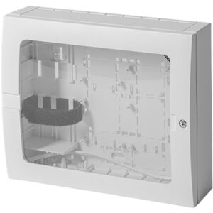 Weiße Kunststoff-Wandbox mit transparentem Frontdeckel und mehreren Montagemöglichkeiten im Inneren.