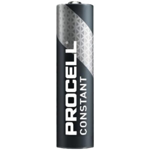 Schwarze Batterie der Marke Procell Constant mit einem grauen geometrischen Muster auf der oberen Hälfte.