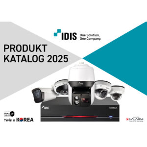 IDIS Produktkatalog 2025 Cover mit verschiedenen Überwachungskameras und einem Recorder, ausgestattet mit dem Slogan 'One Solution. One Company.' und der Markierung 'Made in Korea.'