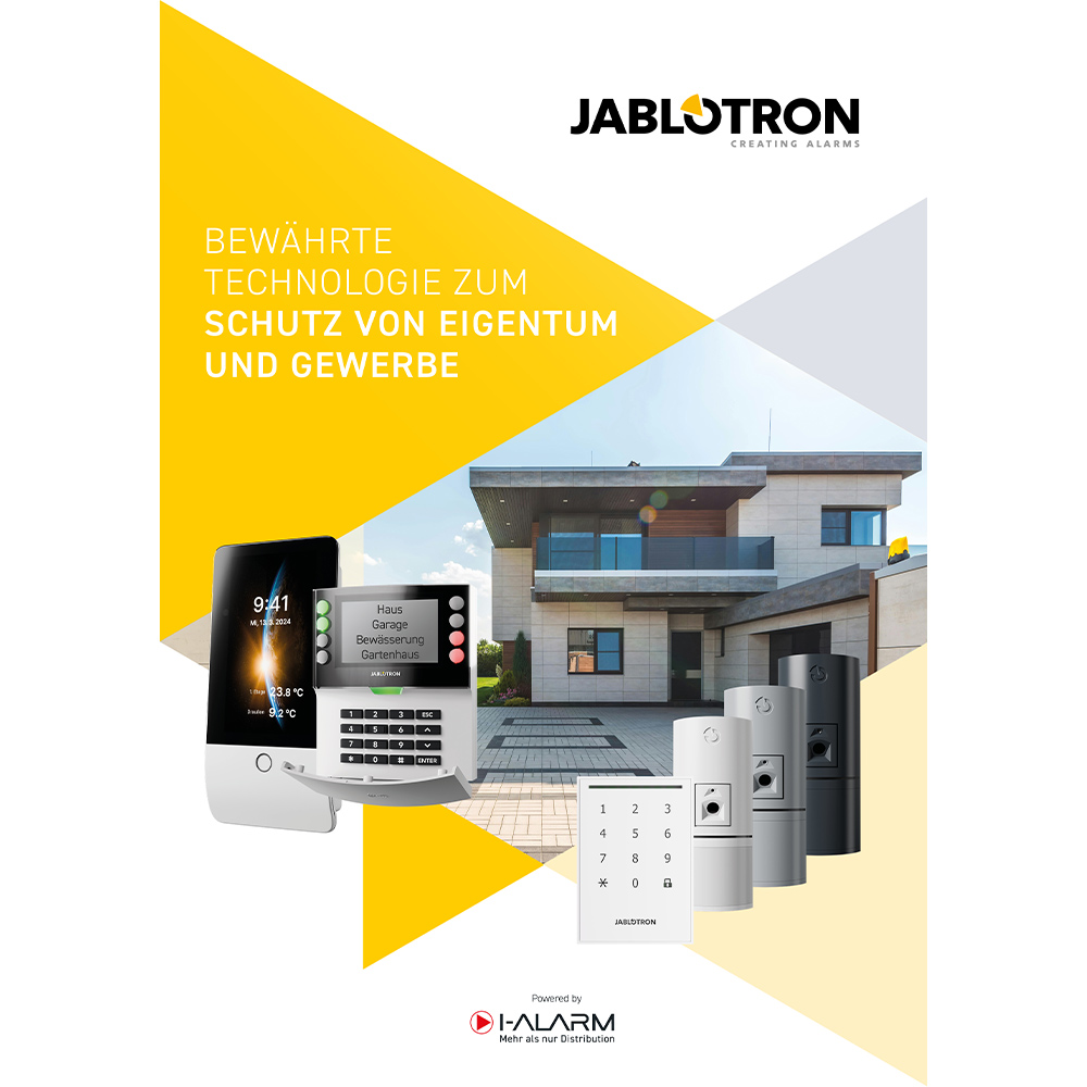 Werbung für Jablotron mit dem Slogan "Bewährte Technologie zum Schutz von Eigentum und Gewerbe", zeigt ein modernes Gebäude und Sicherheitstechnikprodukte wie Alarm- und Kontrollgeräte.
