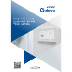 Werbeplakat für ein Alarmsystem mit Touchscreen von Visonic und Qolsys, präsentiert von i-Alarm, mit Abbildung eines Wandgeräts und einem blauen Grafikdesign.