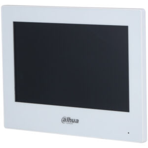 Ein weißer Monitor mit schwarzem Bildschirm und dem Logo von Dahua Technology an der unteren Seite.