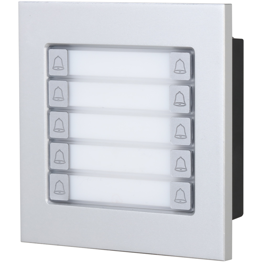 Silberne Türsprechstelle mit sechs Klingelknöpfen, jeweils mit einem Glockensymbol, in einem rechteckigen Design.