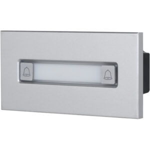 Silberne Klingelplatte mit rechteckigem Namensschild, flankiert von Glockensymbolen.