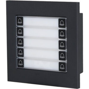 Ein schwarzes Klingelmodul mit sechs horizontal ausgerichteten Namensschildern, jeweils mit einem Schellen-Symbol versehen.