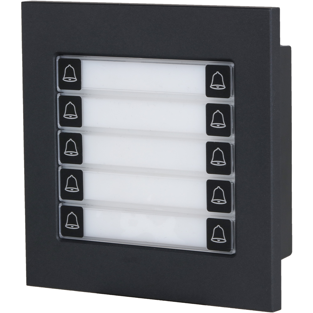 Ein schwarzes Klingelmodul mit sechs horizontal ausgerichteten Namensschildern, jeweils mit einem Schellen-Symbol versehen.