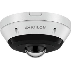 Eine kompakte Überwachungskamera der Marke Avigilon mit einem weißen, runden Gehäuse und einer schwarzen kuppelförmigen Linse an der Unterseite.