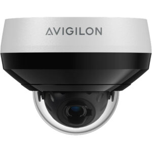 Sicherheitskamera von Avigilon mit einem runden Gehäuse, das oben weiß und unten schwarz ist, und einem sichtbaren Objektiv in der Mitte.