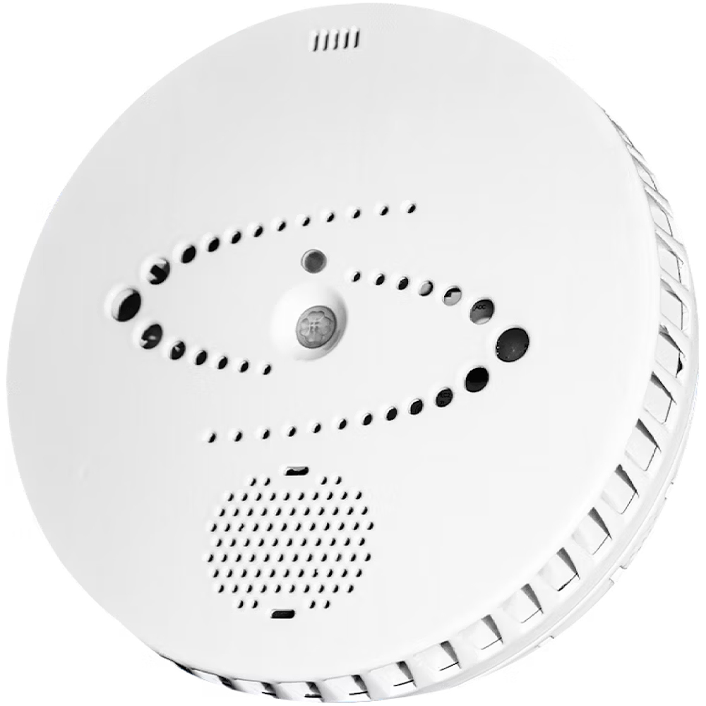 Weißer Rauchmelder mit einem runden Gehäuse und zahlreichen kleinen, ellipsenförmig angeordneten Lüftungsschlitzen sowie einem zentralen Sensor.