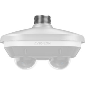Eine weiße Überwachungskamera von Avigilon mit zwei halbkugelförmigen Linsen an der Unterseite.