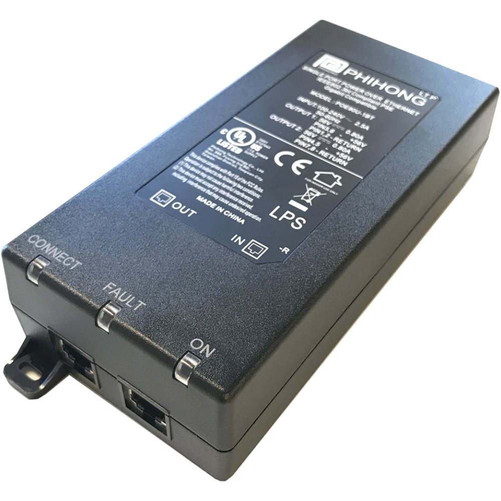 Ein schwarzes Netzteil von Phihong mit mehreren Anschlüssen, Aufschriften und Zertifizierungsstempeln auf der Oberseite.