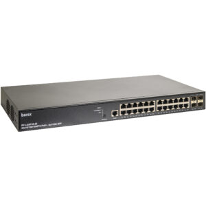 Schwarzer Netzwerk-Switch mit mehreren Ethernet- und SFP-Anschlüssen auf der Vorderseite, Modell "barox RY-LGSP28-28" mit 24 x 10/100/1000 TX PoE und 4 x 1/10G SFP Ports.