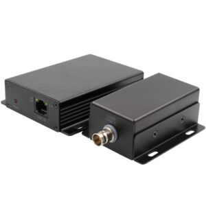 Zwei schwarze elektronische Geräte, eines mit einem Ethernet-Anschluss und das andere mit einem Koaxialkabelanschluss, beide in rechteckiger Form und zur Wandmontage geeignet.