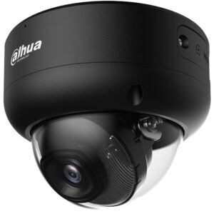Schwarze Dome-Überwachungskamera von Dahua Technology mit einer kugelförmigen Linse und einem robusten Gehäuse.