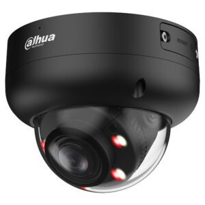 Schwarze Überwachungskamera von Dahua Technology in Kuppelform mit sichtbaren Linsen und LED-Leuchten, einschließlich eines Reset-Buttons.