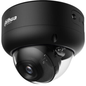 Schwarze Dome-Kamera von Dahua Technology mit einem kompakten Gehäuse und einer transparenten Kuppel, die das Objektiv schützt.