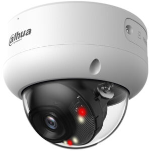 Kuppelformige Überwachungskamera von Dahua mit weißem Gehäuse und sichtbarem Objektiv hinter einer transparenten Abdeckung, roten und weißen LEDs im Inneren.