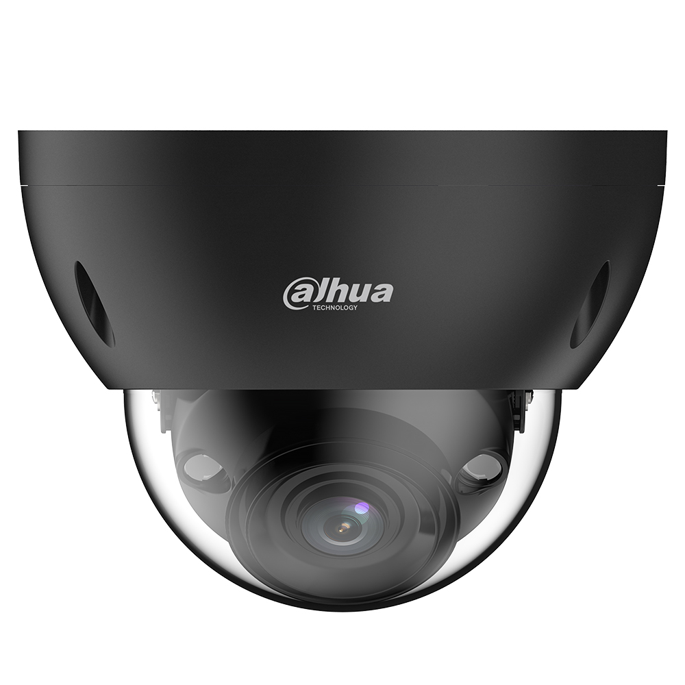 Schwarze Überwachungskamera von Dahua Technology mit halbkugelförmigem Gehäuse und sichtbarem Objektiv.