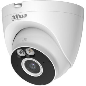 Eine weiße Dome-Überwachungskamera von Dahua mit Kameralinse und zwei LED-Leuchten auf der Vorderseite.