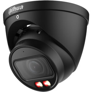 Eine schwarze Sicherheitskamera der Marke Dahua mit einem modernen, kompakten Design, erkennbar an ihrem markanten Gehäuse und den zwei kleinen, leuchtenden LEDs an der Vorderseite.