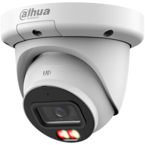 Weiße Überwachungskamera von Dahua Technology mit einem modernen, kuppelförmigen Design und einer sichtbaren Linse sowie zwei kleinen LED-Lichtern.