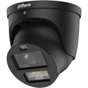 Schwarze Überwachungskamera von Dahua Technology mit abgerundetem Design und integrierter Beleuchtung.