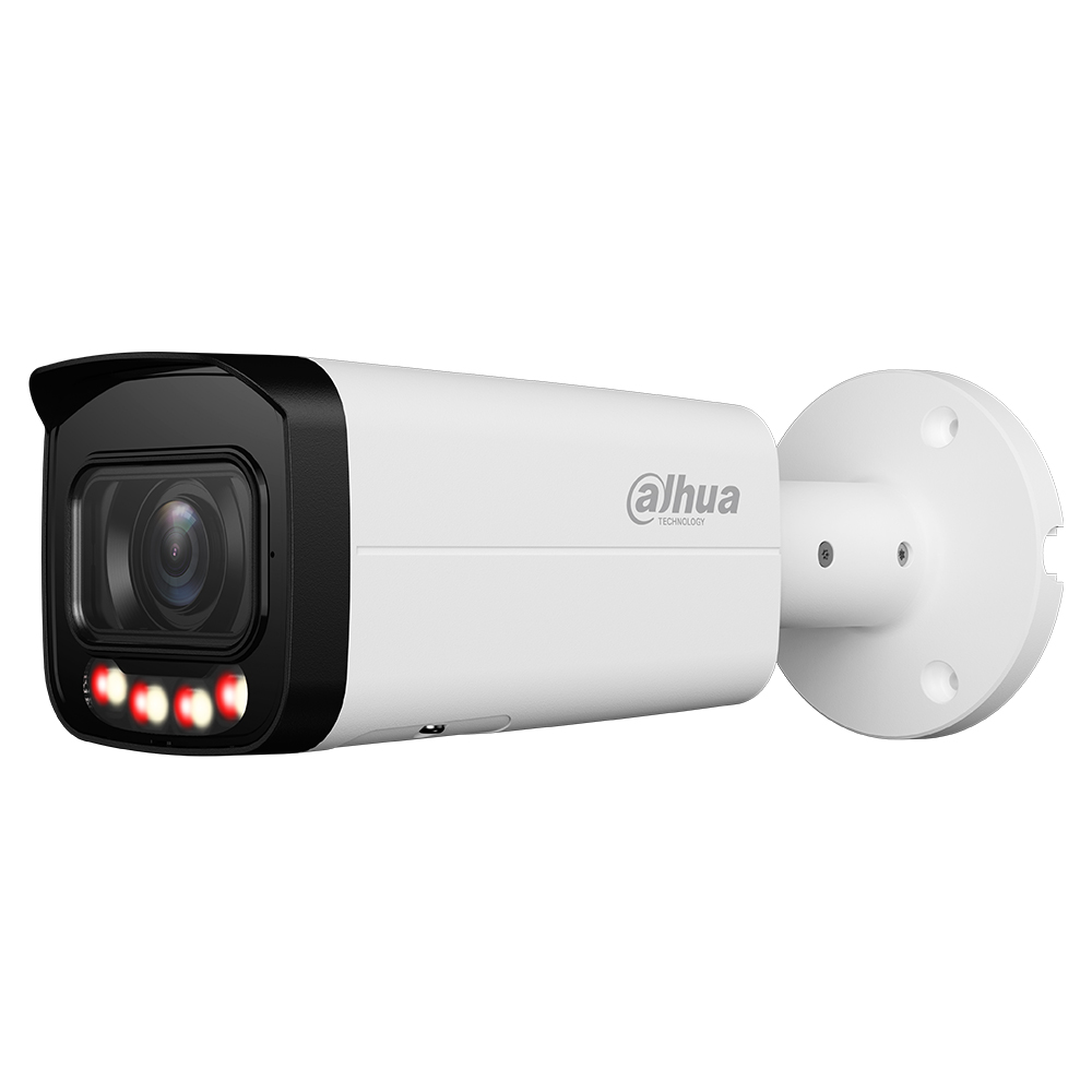 Eine weiße Sicherheitskamera von Dahua Technology mit rotem LED-Licht und einem schwarzen Rahmen um das Kameraobjektiv, montiert auf einer runden Halterung.