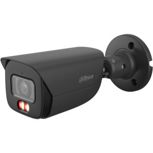 Schwarze Überwachungskamera von Dahua Technology mit zylindrischem Gehäuse und Wandhalterung, ausgestattet mit einer Linse und zwei leuchtenden LEDs auf der Vorderseite.