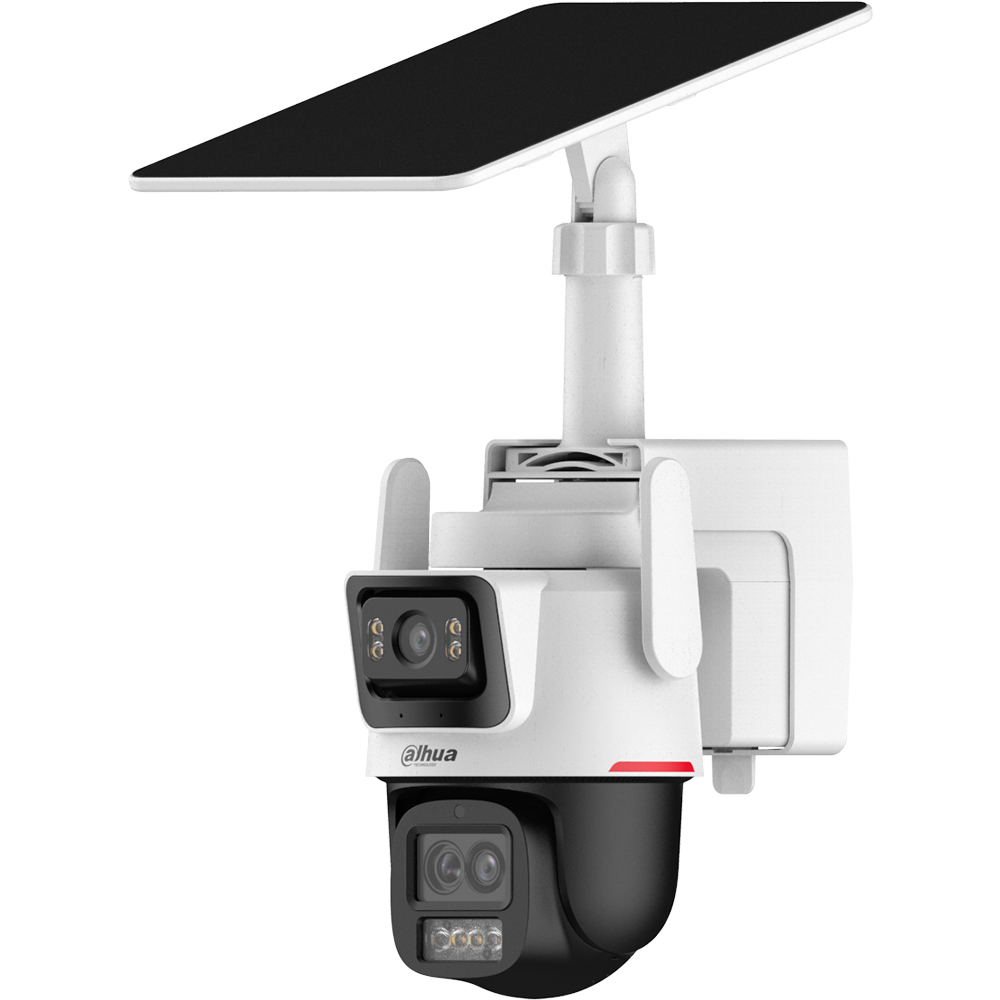 Ein Überwachungskamera-System mit Solarpanel, bestehend aus einer weißen Halterung und einer schwarzen, drehbaren Kamerakomponente unten.