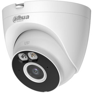 Weiße Überwachungskamera von Dahua Technology mit kreisförmigem Design und sichtbaren Linsen und Sensoren auf der Vorderseite.