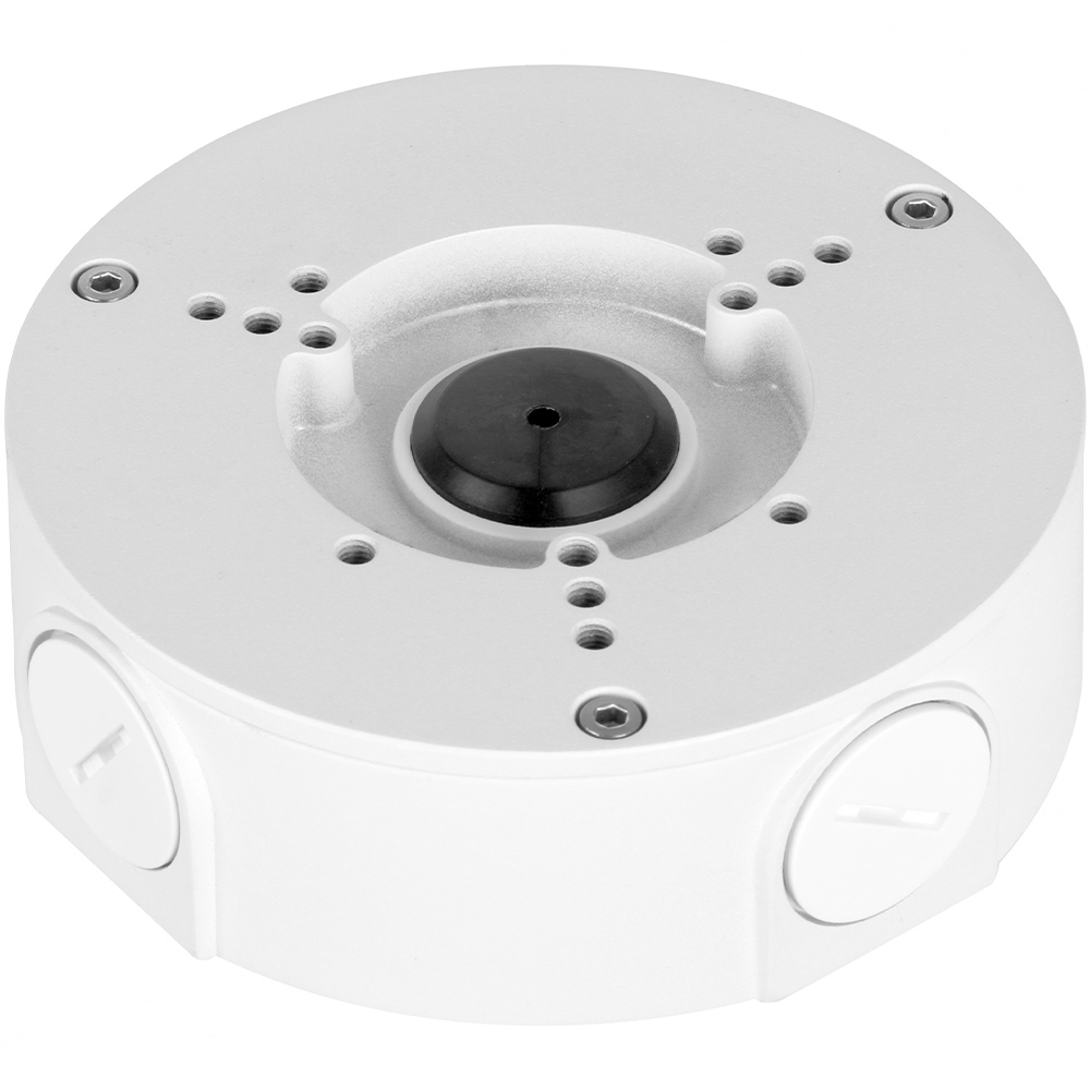 Eine kreisförmige, weiße Montagehalterung mit mehreren Befestigungslöchern und einer zentralen Vertiefung, geeignet für Kamera- oder Geräteinstallationen.