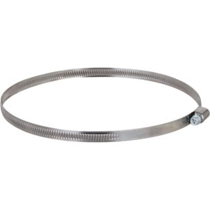 Eine Metallschneckengewindeschelle aus Edelstahl mit Schraubverschluss, die zur Befestigung von Schläuchen oder Rohren verwendet wird.
